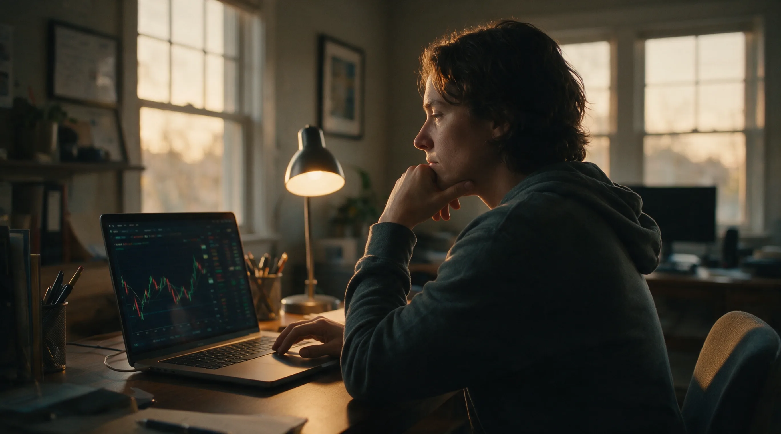 A person at a home desk looking at blurred financial charts on a laptop