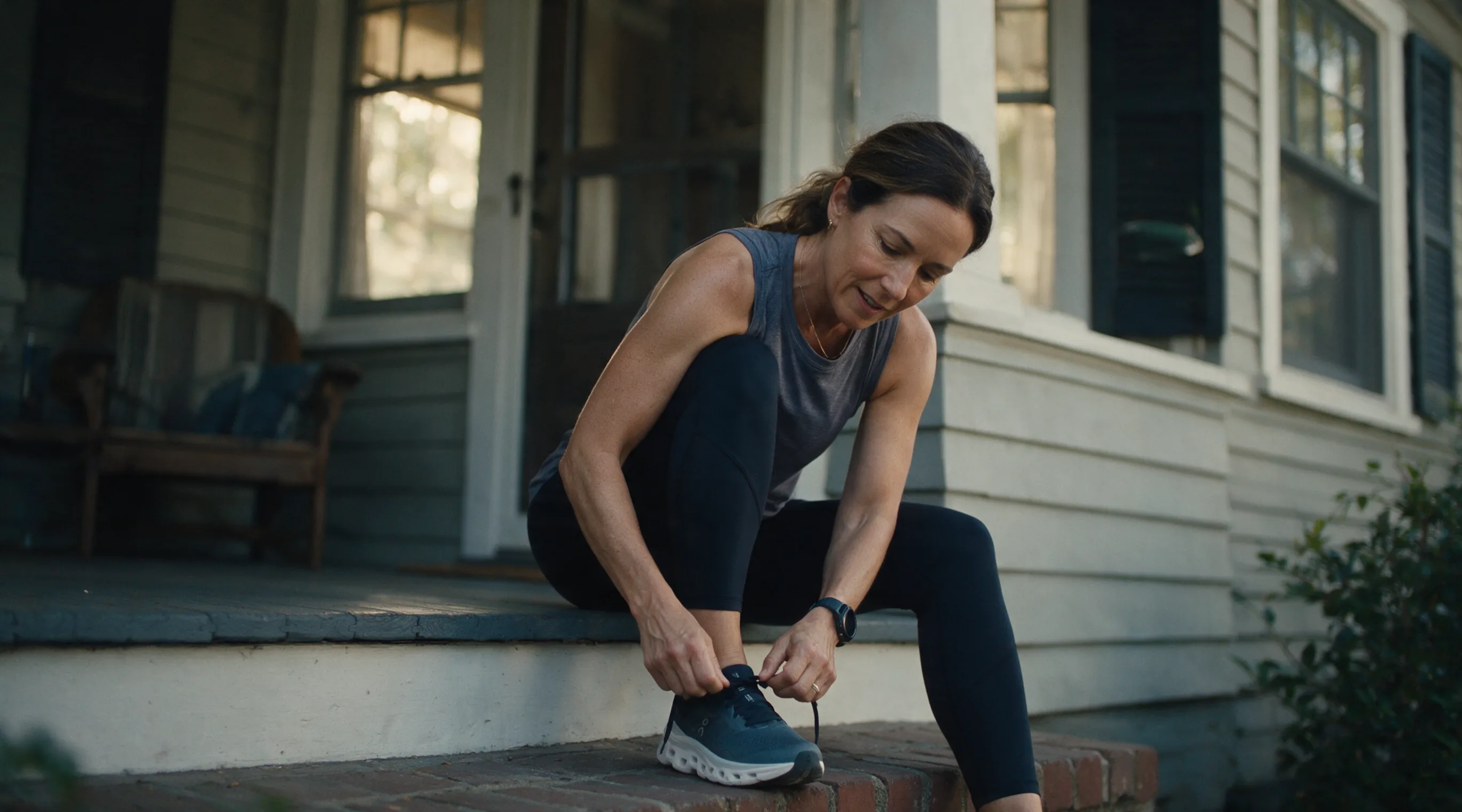 A woman tying her running shoes on a front porch step