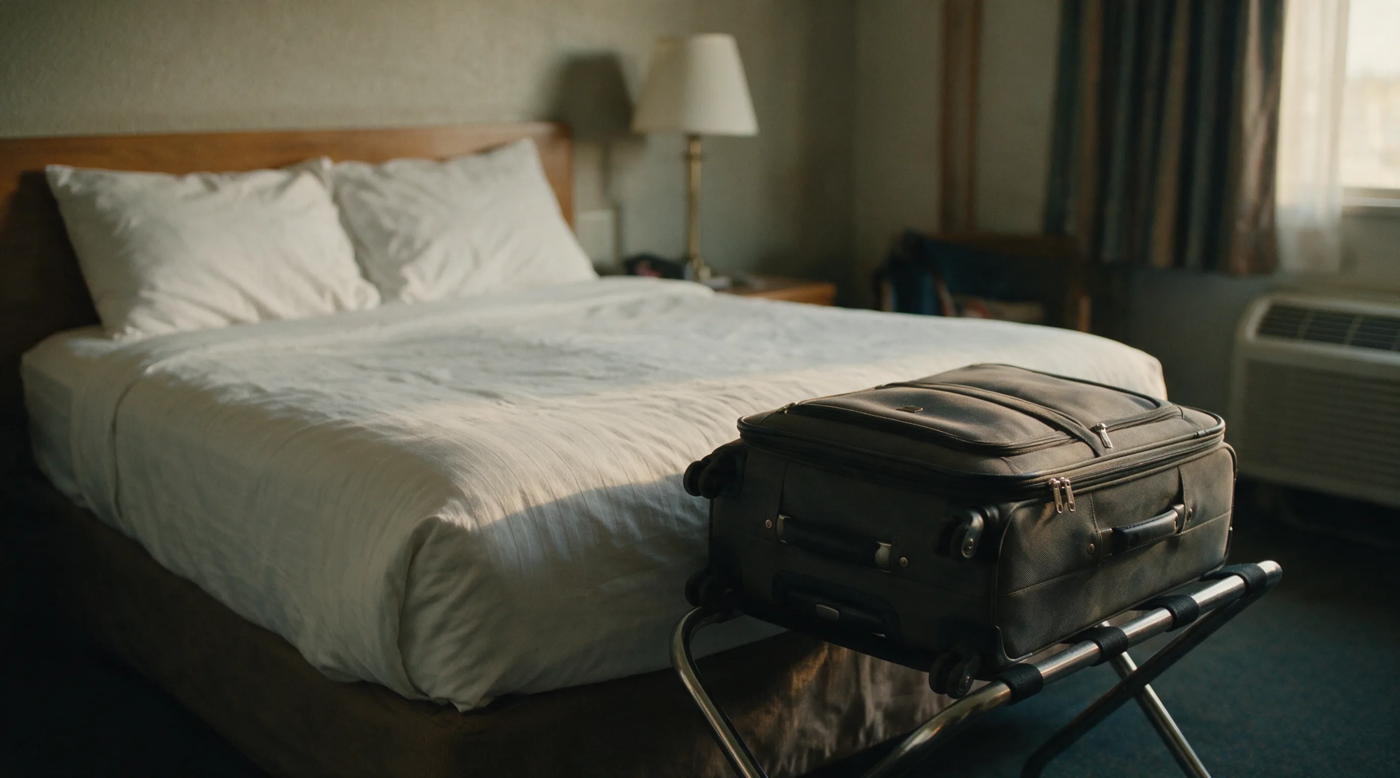 An ordinary hotel room with a suitcase on a luggage rack