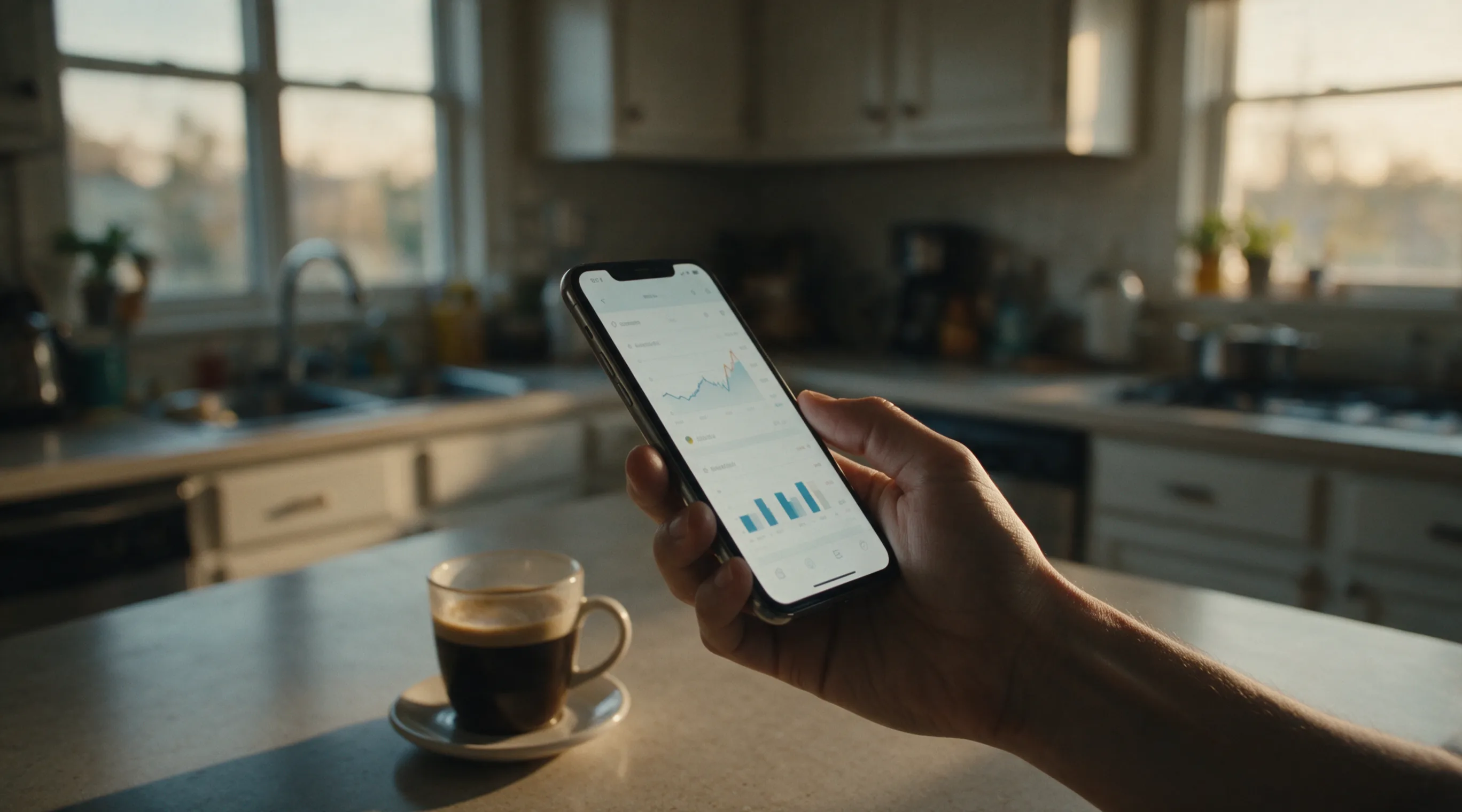 A hand holding a smartphone at a kitchen counter showing a blurred portfolio app