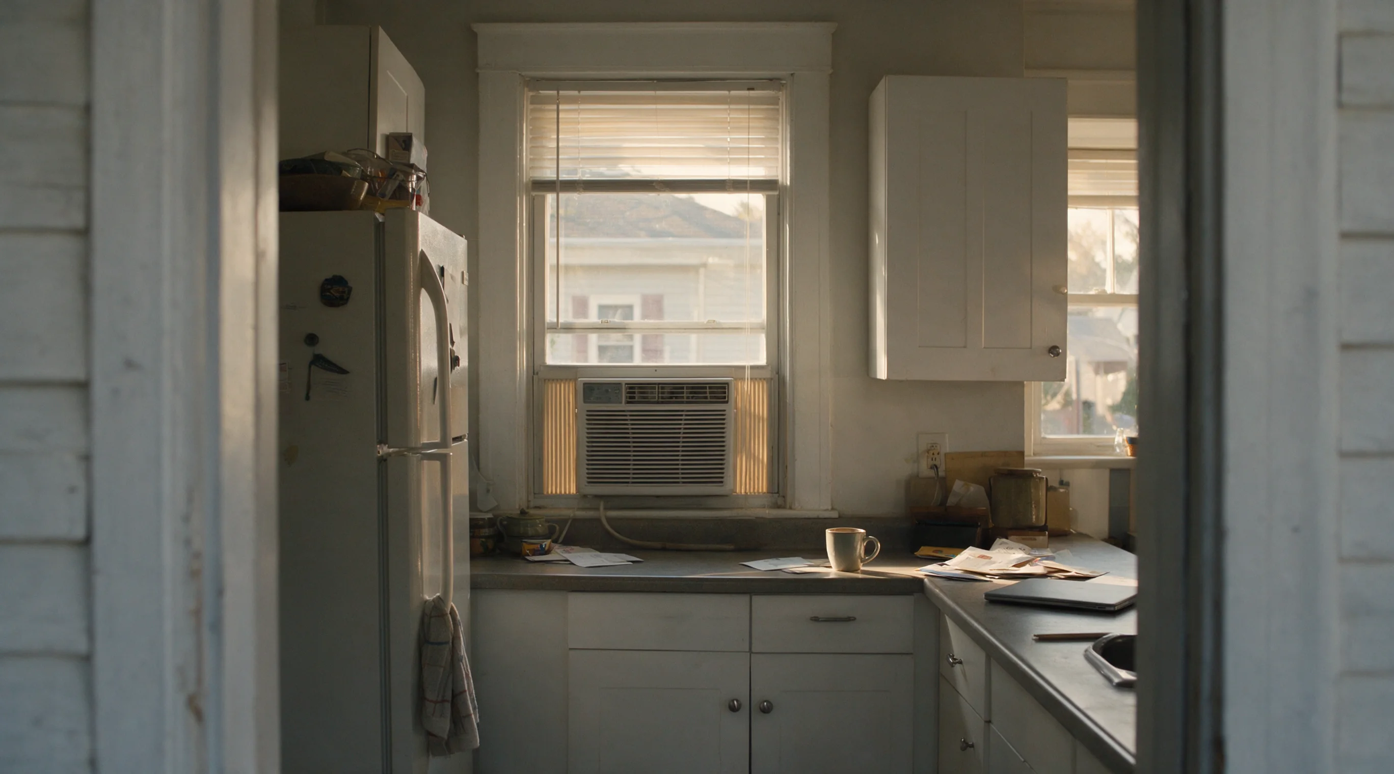 An ordinary kitchen in late afternoon light, a window air conditioner visible outside the window