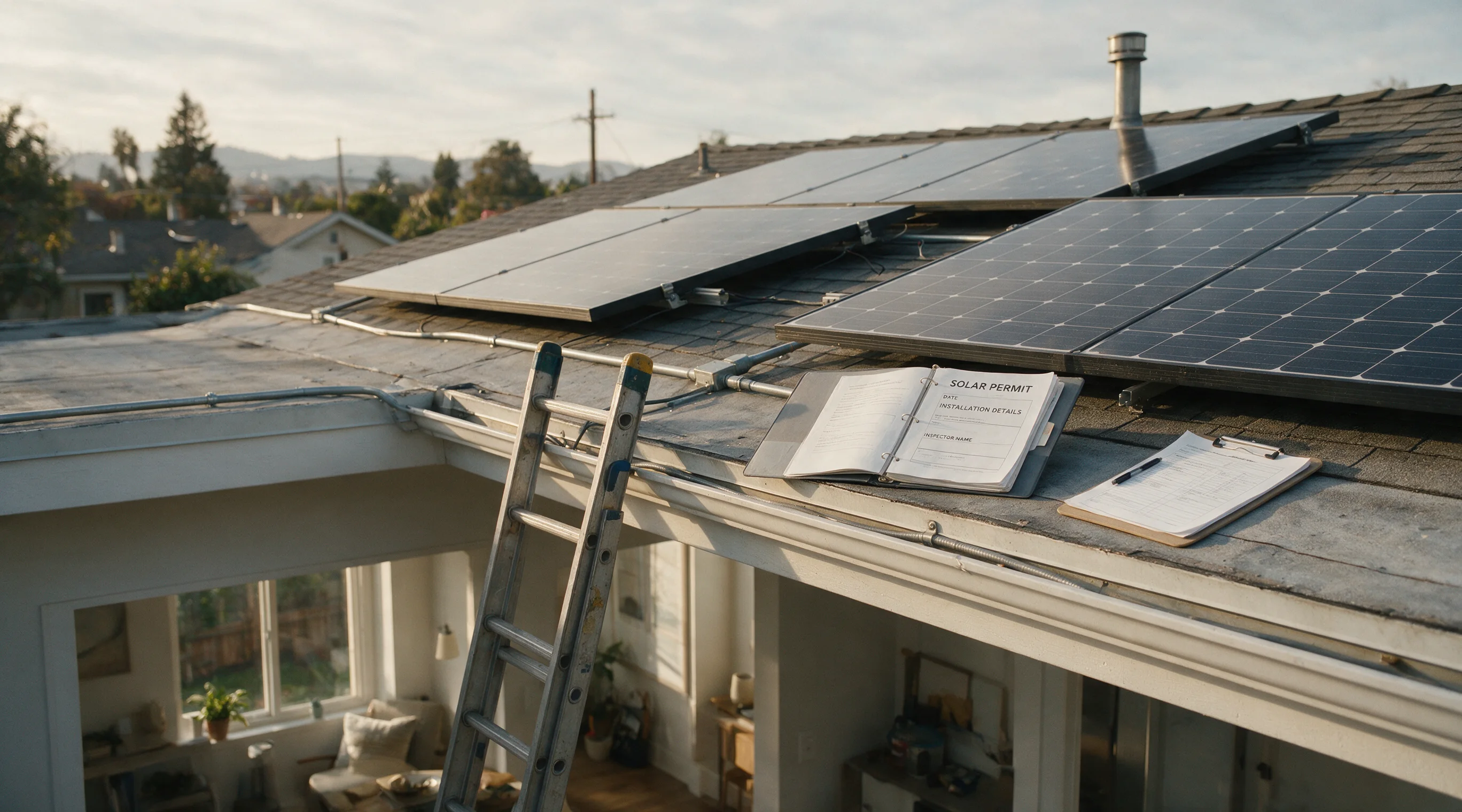 A rooftop mid-way through a solar panel installation, ladder, exposed wiring, and a permit binder visible on the roof edge