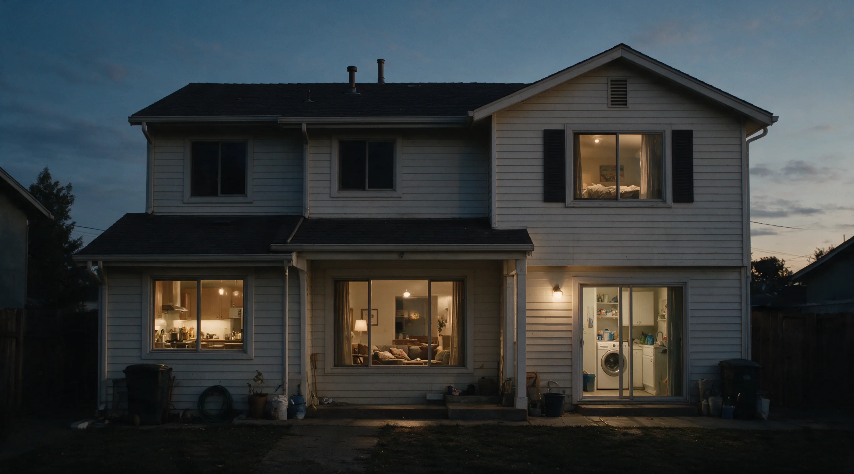 An ordinary two-story house at dusk, seen from outside