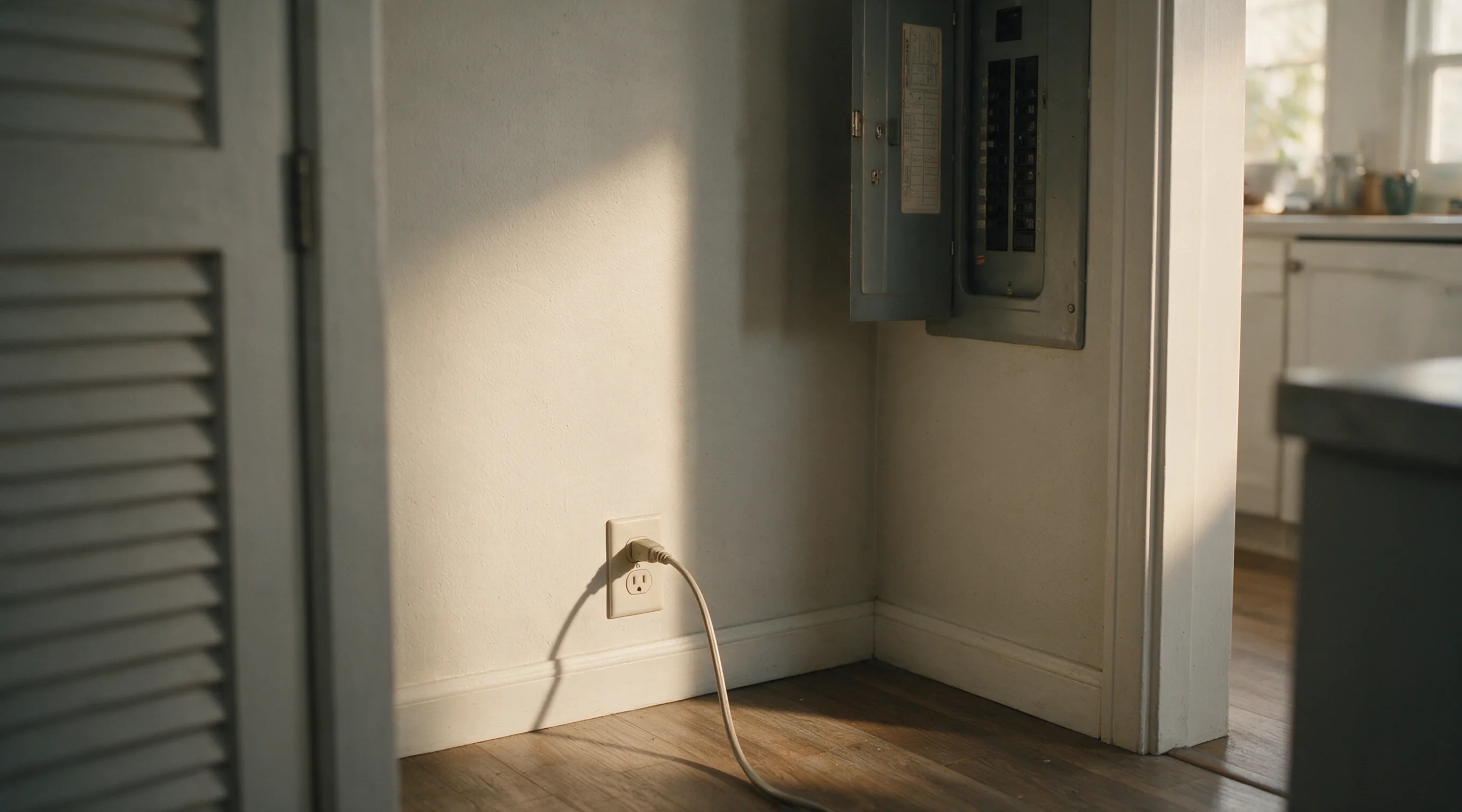 A simple wall outlet with a cord plugged in, no visible branded device
