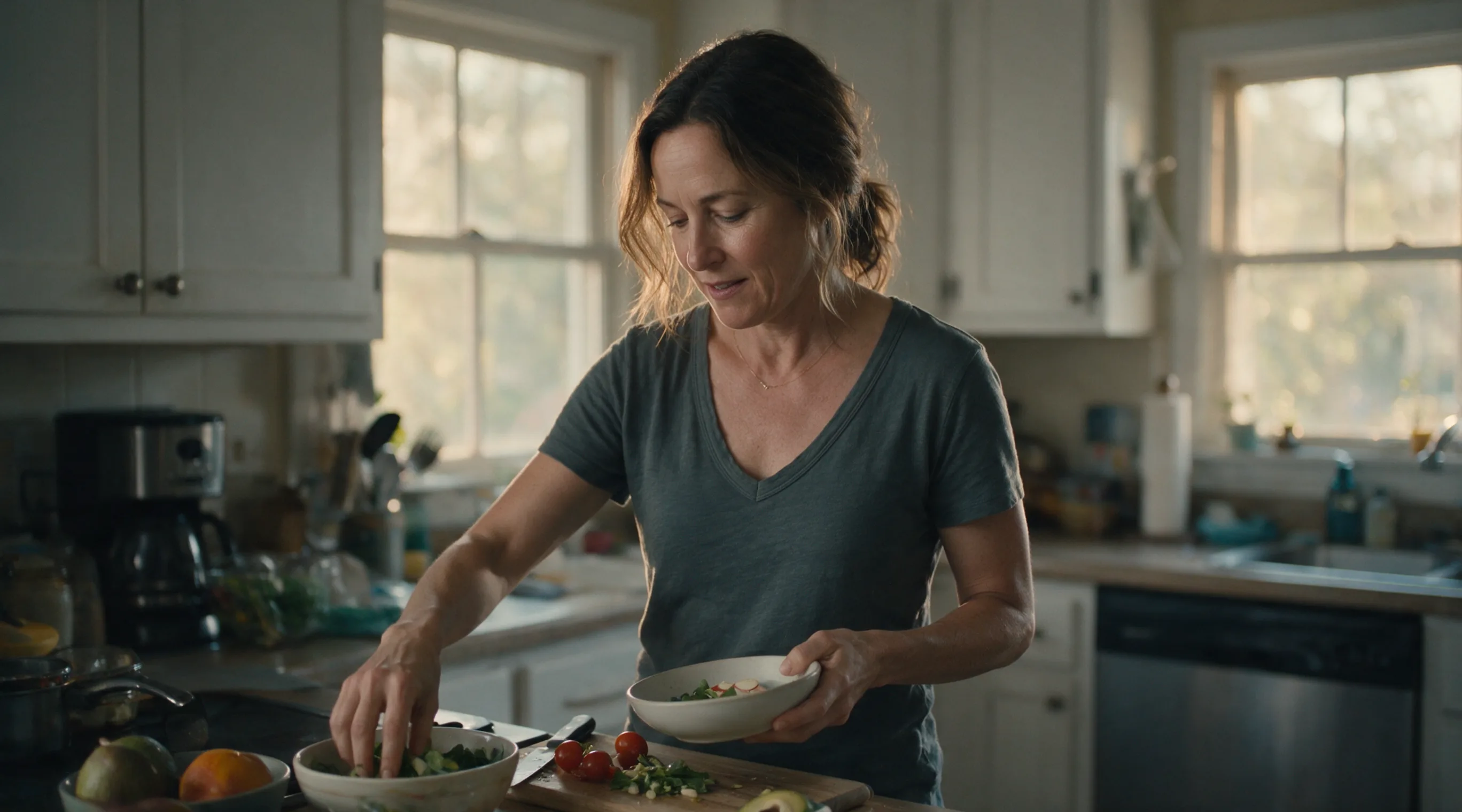 A woman in an ordinary kitchen preparing a simple healthy meal in natural window light