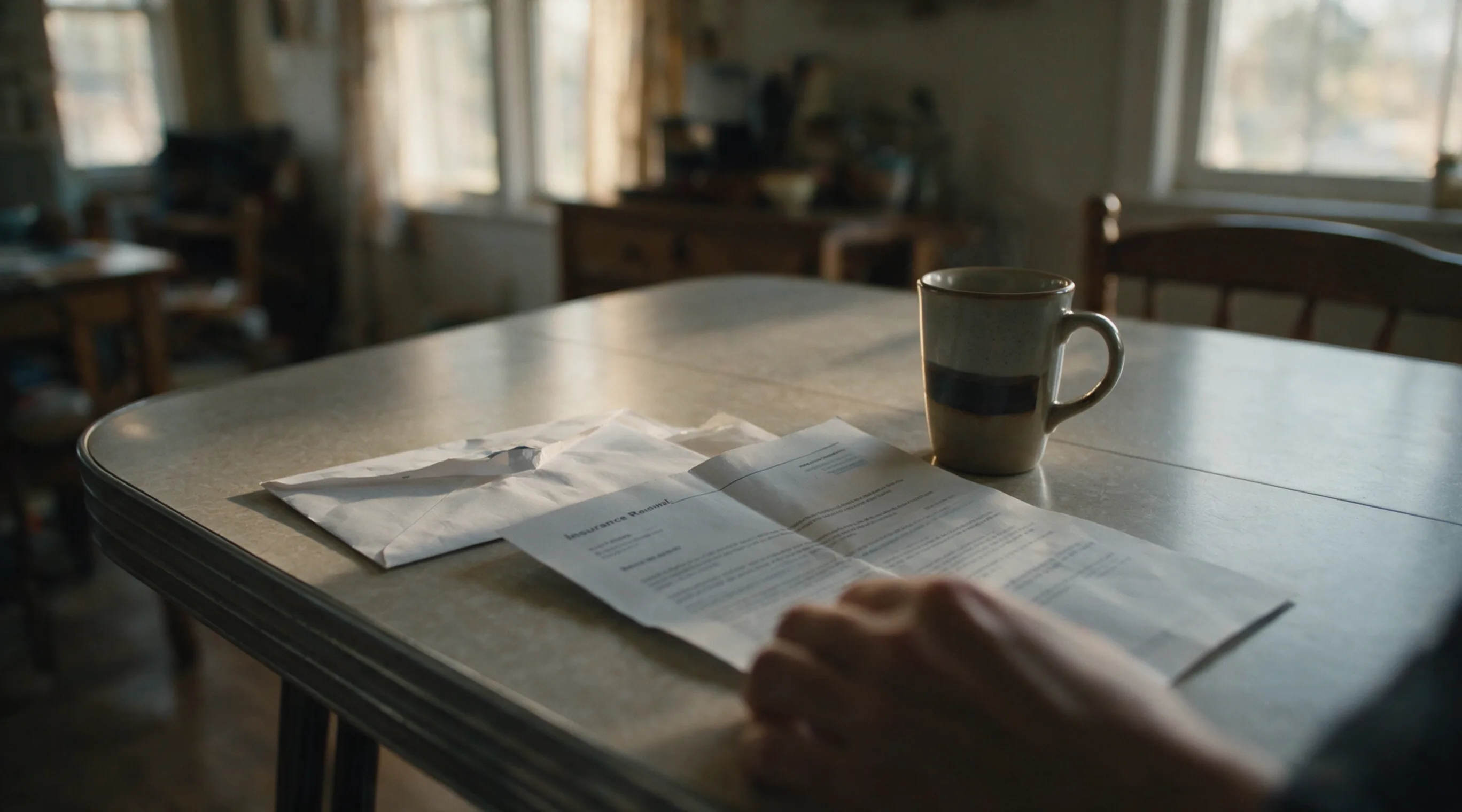 An opened envelope and insurance renewal letter on a kitchen table beside a coffee mug