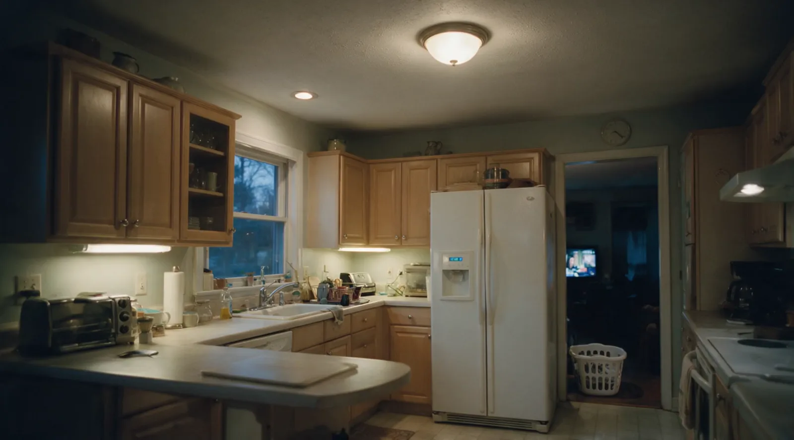 An ordinary suburban kitchen at dusk lit by a ceiling fixture and under-cabinet strips, a white side-by-side refrigerator against the far wall and a television glowing in the darkened room beyond the doorway