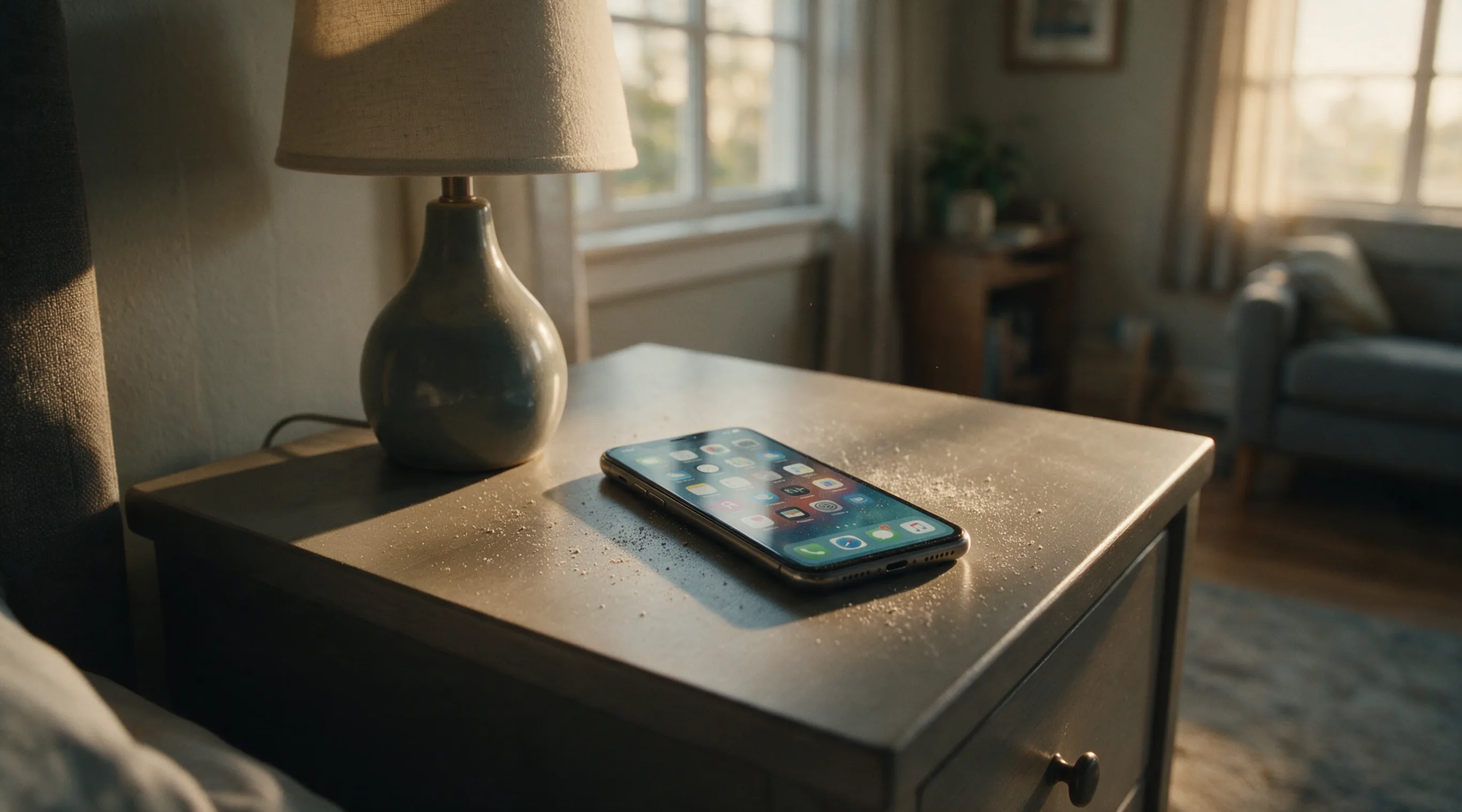 A smartphone lying on a nightstand showing a blurred app grid, evening light