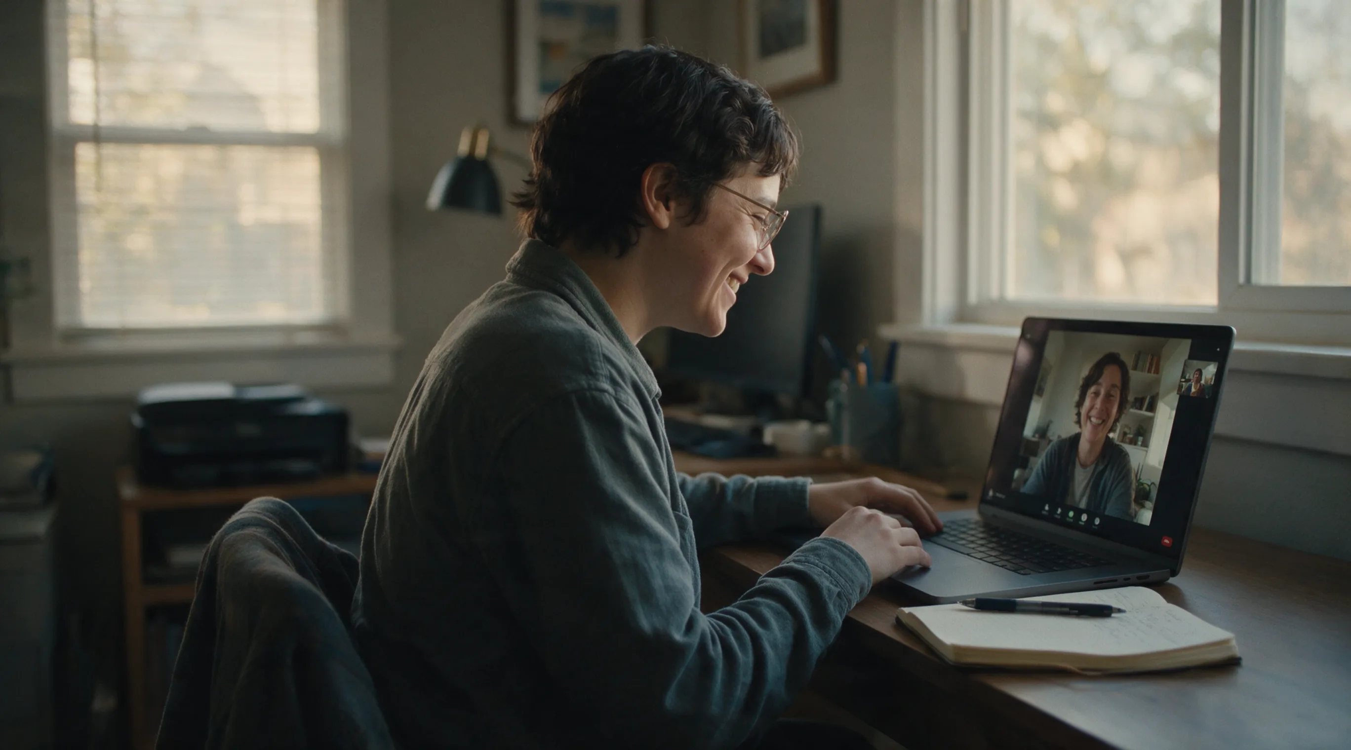 A person having a warm video call at a home desk, notebook and pen beside them