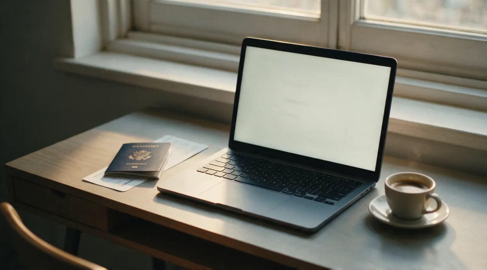 An open laptop with a blank white screen on a wooden desk beside a window, a navy passport and a printed boarding pass to its left and a small cup of espresso on a saucer to its right
