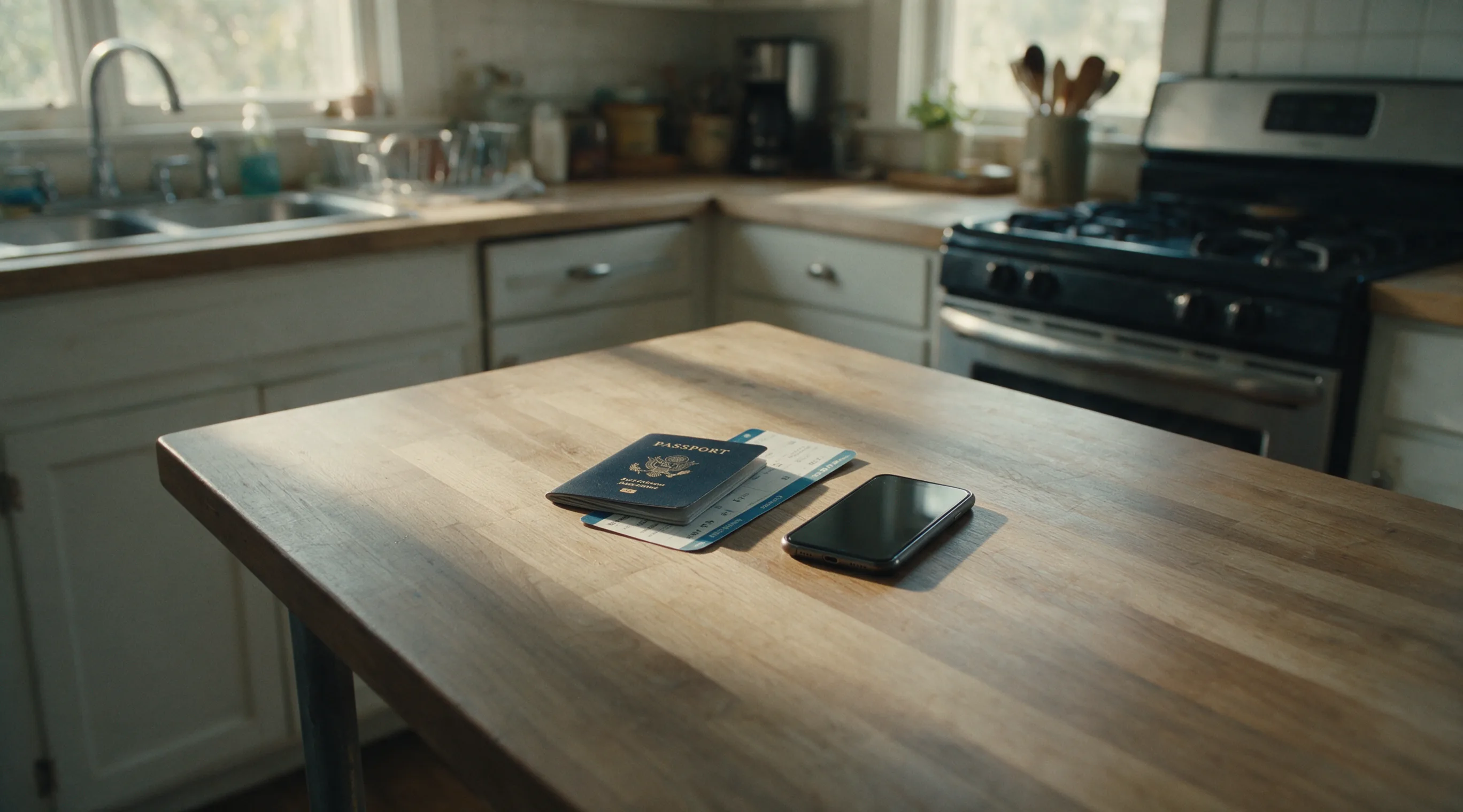 A passport, boarding pass, and phone on a kitchen table in soft morning light